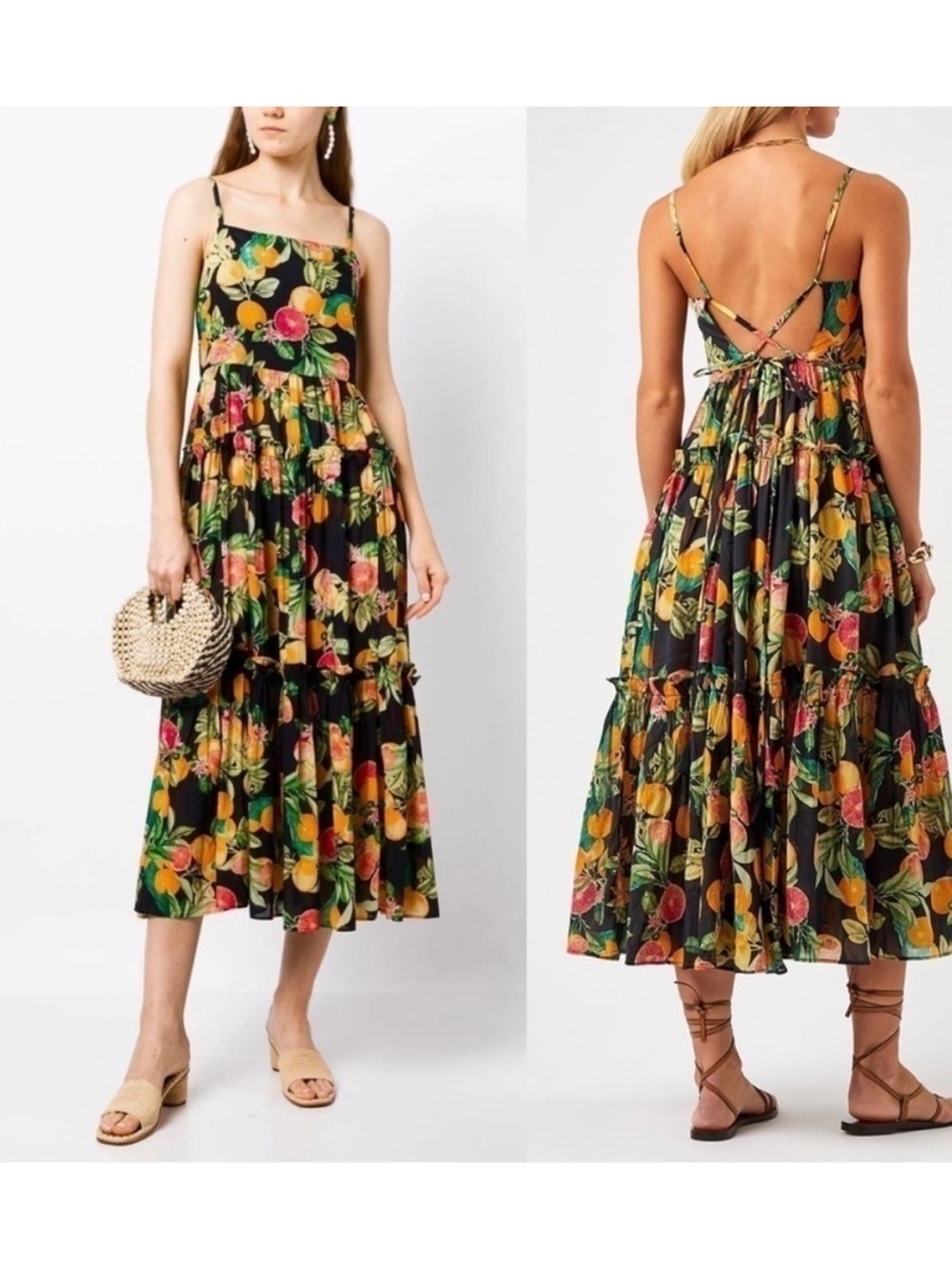 Cara Cara Harbour Island Tropical citrus print, tiered midi dress size M